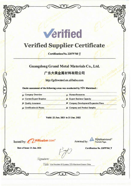 China Guangdong Grand Metal Material Co., Ltd certifications